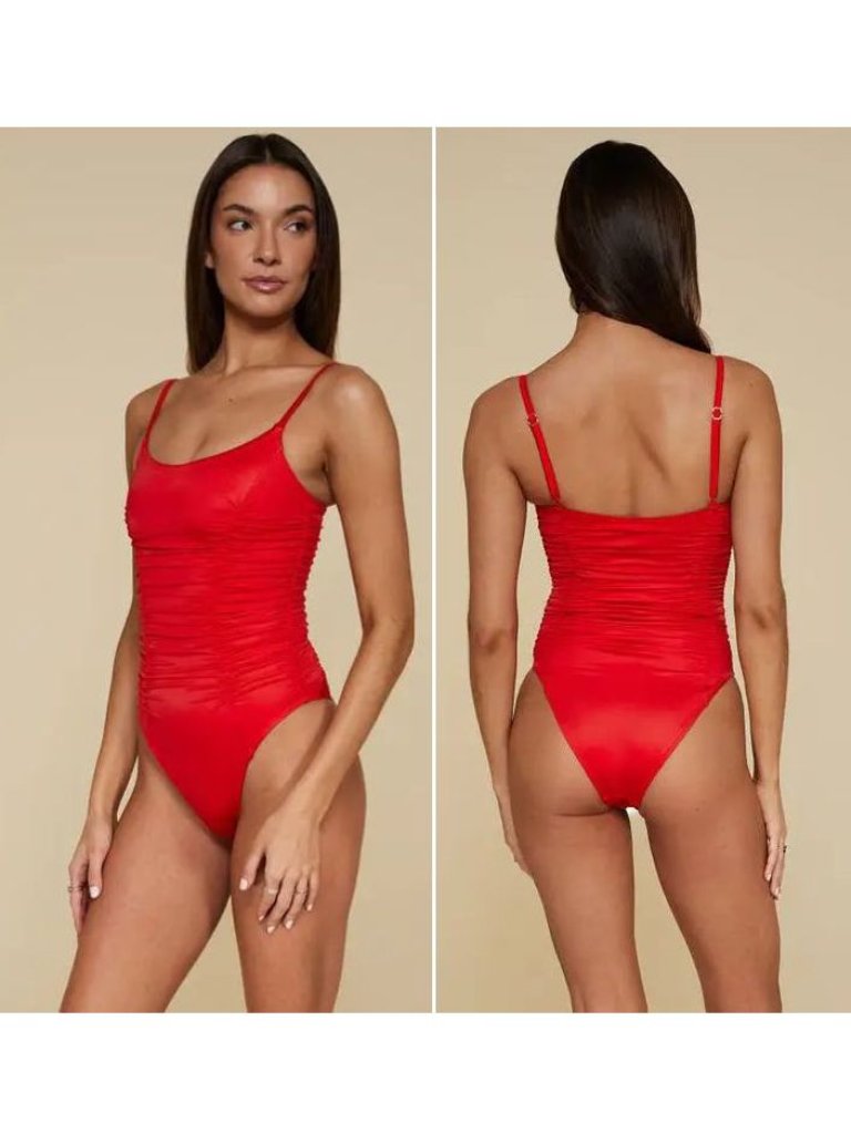 B. Swim Tsunami One Piece Swimsuit Size M Setting Sun Red Ruched Cheeky New $132